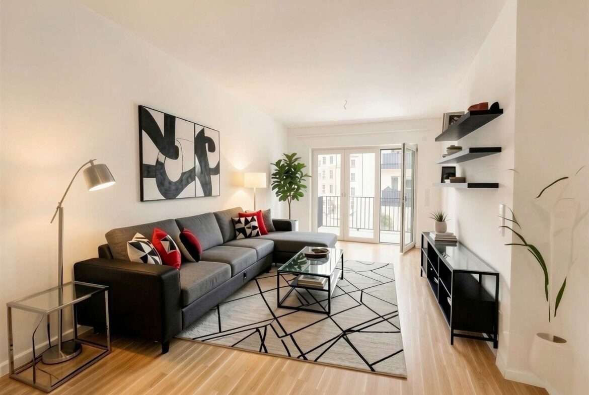 Modern living room with gray sectional sofa, geometric black-and-white art, floor lamp, and glass coffee table; balcony doors in background.