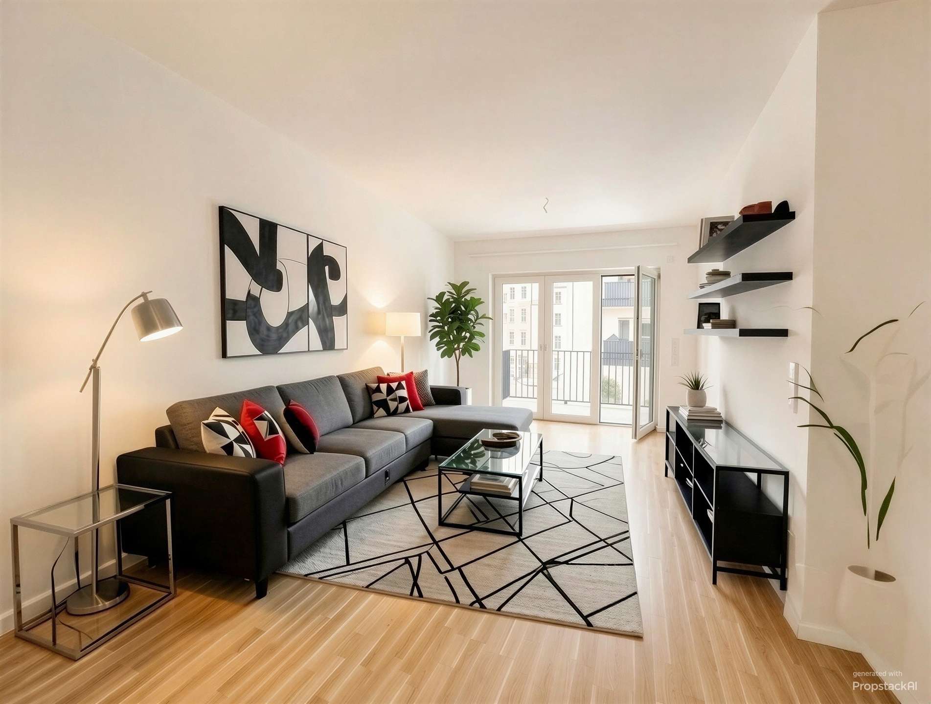 Modern living room with gray sectional sofa, geometric black-and-white art, floor lamp, and glass coffee table; balcony doors in background.