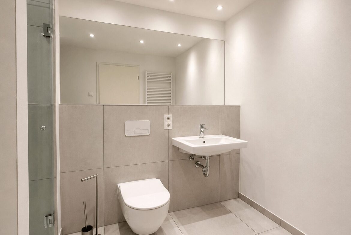 Modern bathroom with wall-mounted toilet, rectangular sink, large mirror, and glass-enclosed shower on the left.