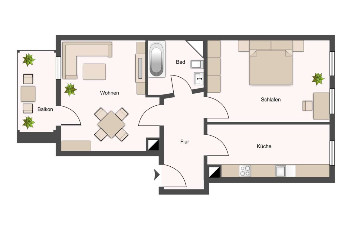 Top-down floor plan of an apartment showing living room with L-shaped sofa and coffee table, dining table, bedroom with large bed, bathroom with tub, kitchen, hallway and balcony labeled Balkon/Balkonet (Wohnen, Schlafen, Bad, Küche).