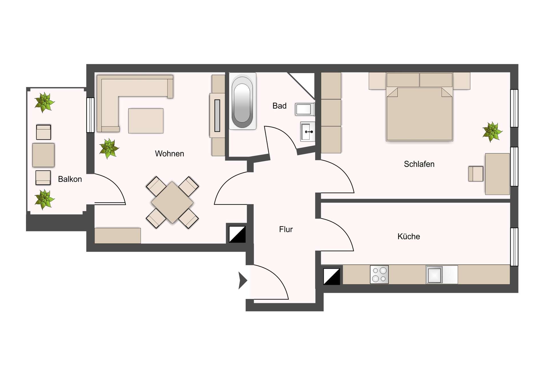 Top-down floor plan of an apartment showing living room with L-shaped sofa and coffee table, dining table, bedroom with large bed, bathroom with tub, kitchen, hallway and balcony labeled Balkon/Balkonet (Wohnen, Schlafen, Bad, Küche).