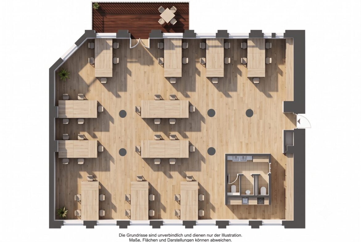 Top-down view of an open-plan office with long desks, meeting tables, and a wooden terrace with outdoor seating at the top edge.