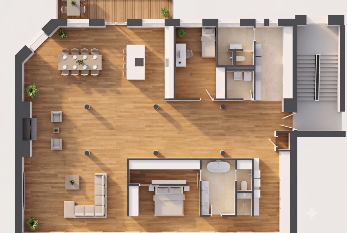 Top-down floor plan of an open living space with a dining table, kitchen island, and adjacent bedroom and bathroom areas.