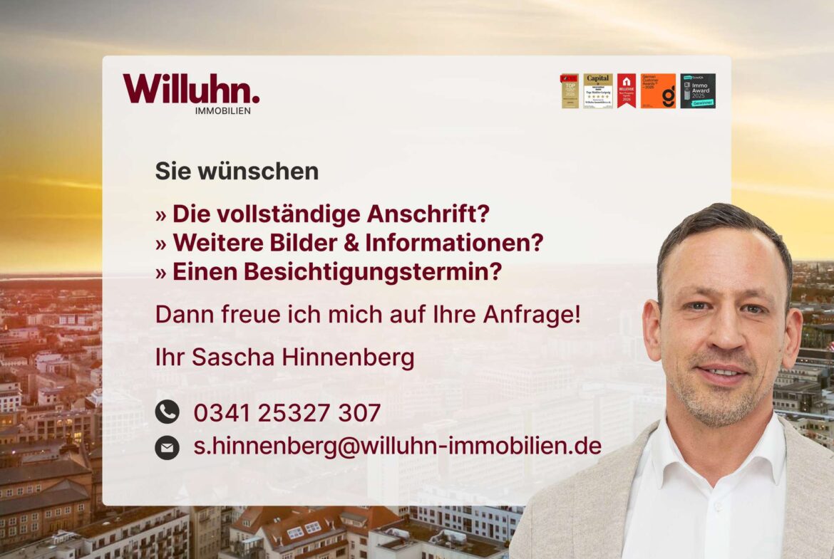 Werbebanner für Willuhn Immobilien: Mann rechts, große deutsche Textzeilen vor einer Stadtlandschaft.