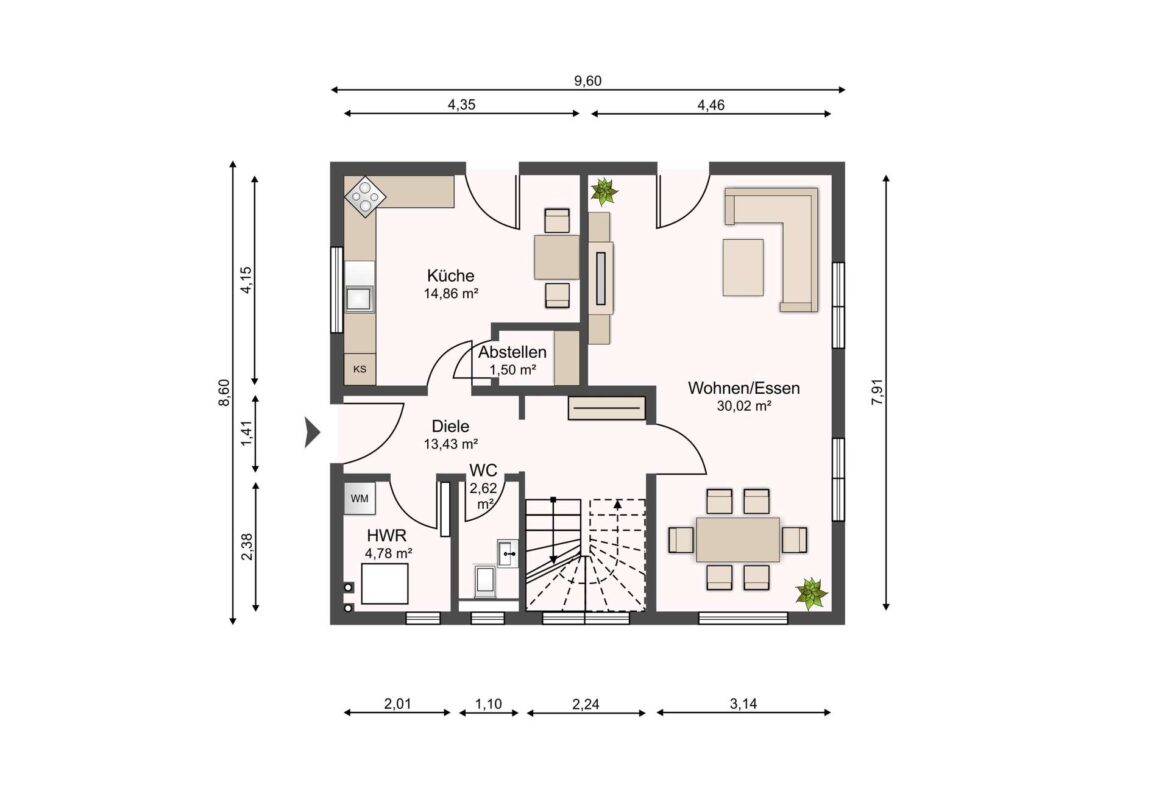 Top-down floor plan of an apartment showing Küche, Wohnen/Essen, Diele, WC, HWR, Abstellen with measurements and arrows for scale.
