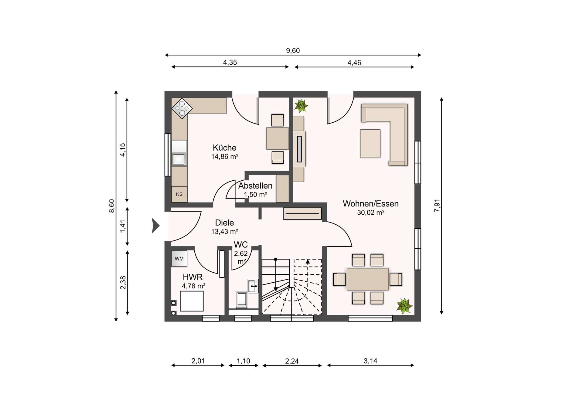 Top-down floor plan of an apartment showing Küche, Wohnen/Essen, Diele, WC, HWR, Abstellen with measurements and arrows for scale.