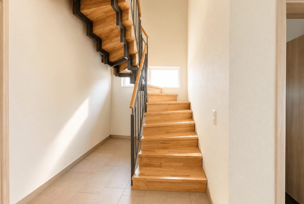Wooden stairs with a metal railing leading to an upper floor in a bright beige hallway, illuminated by a window on the landing.