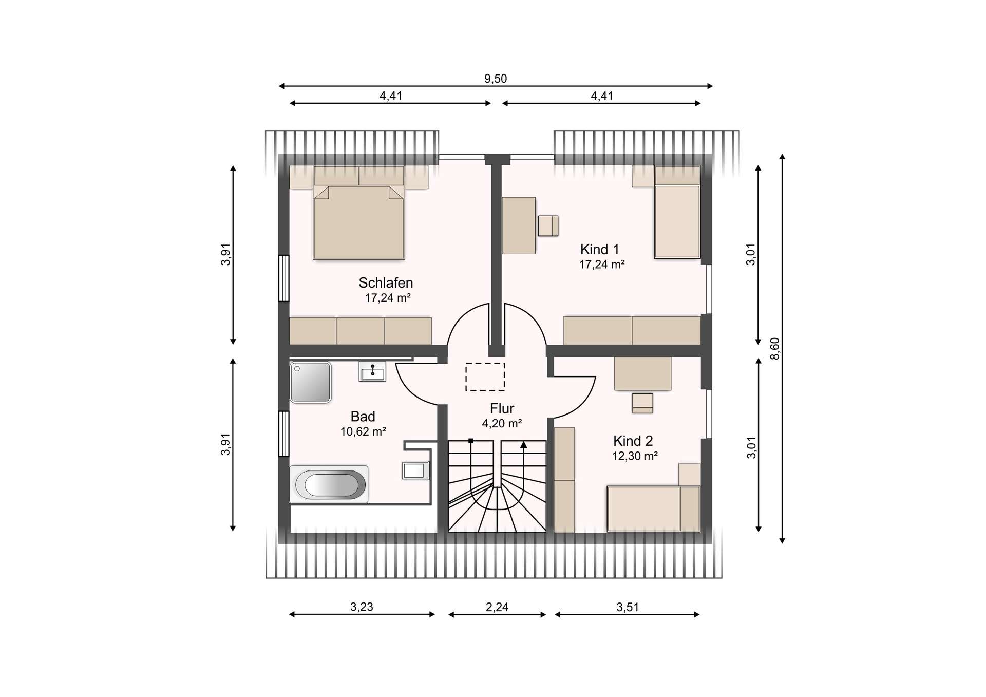 Top-floor plan showing two bedrooms and two kids’ rooms around a central stairwell; labeled Schlafen, Kind 1, Kind 2, Bad, Flur