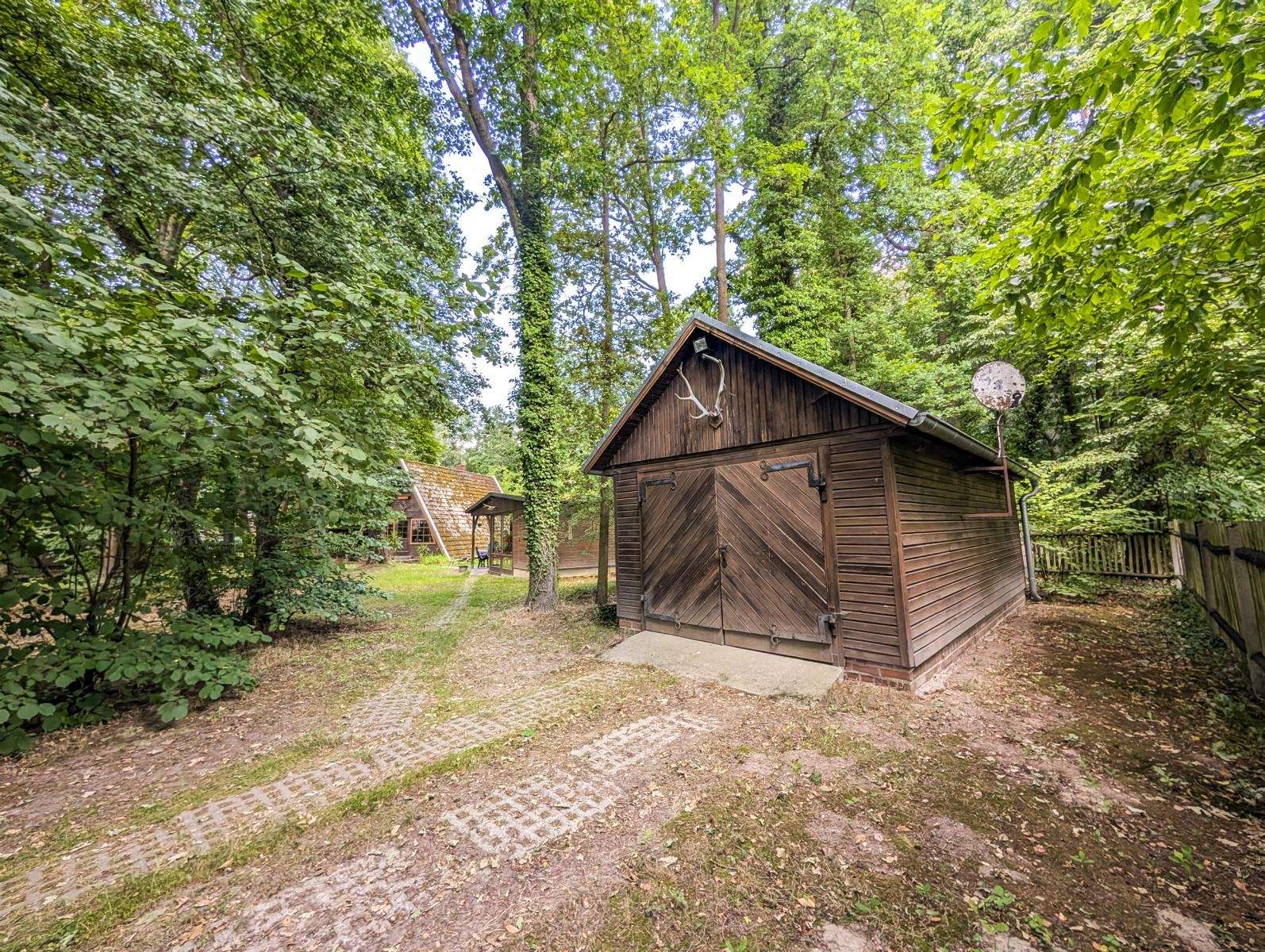 Rustic wooden shed in a leafy forest yard, with another small structure in the background and a dirt, leaf-strewn path nearby.