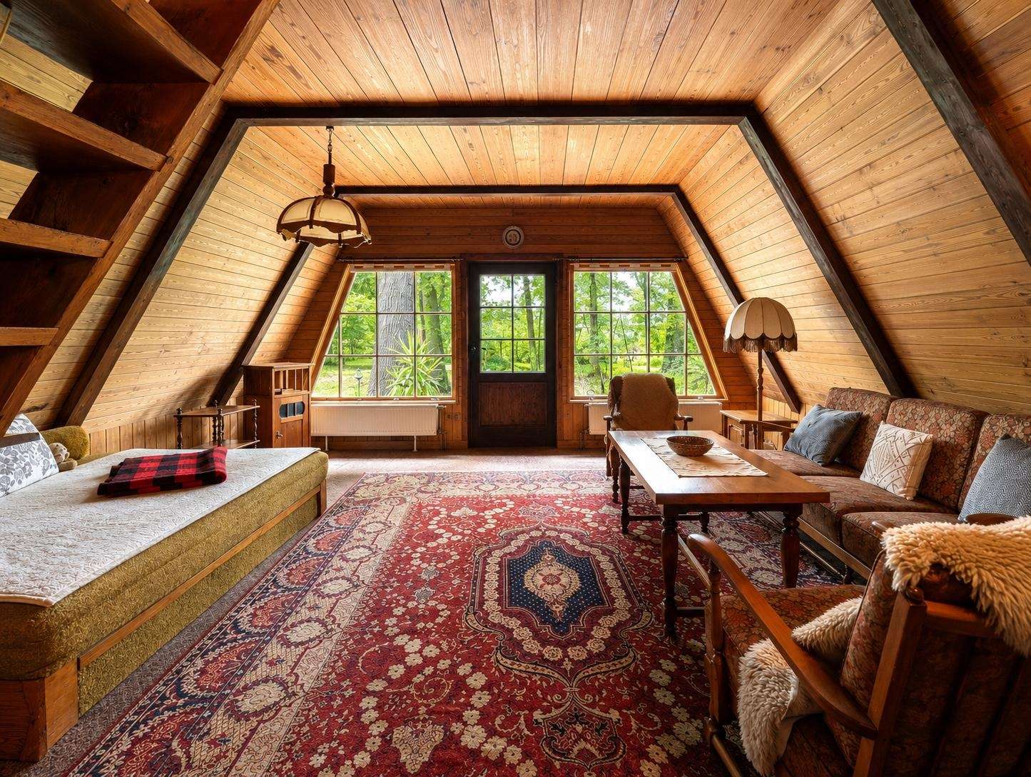 Cozy attic living room with wood paneling, large windows, and a red patterned rug; sofa, chairs, and a wooden coffee table.