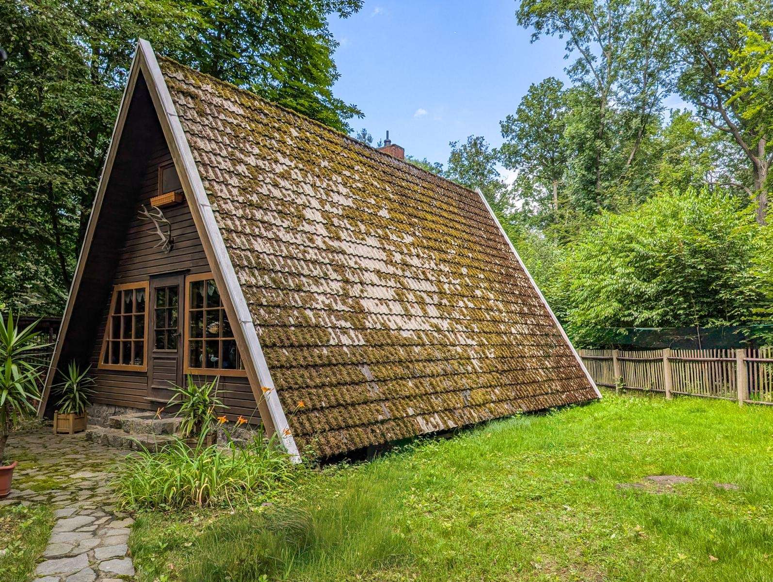 A-frame wooden cabin with a mossy roof, antlers mounted on the wall, and two-paned windows in a garden setting.