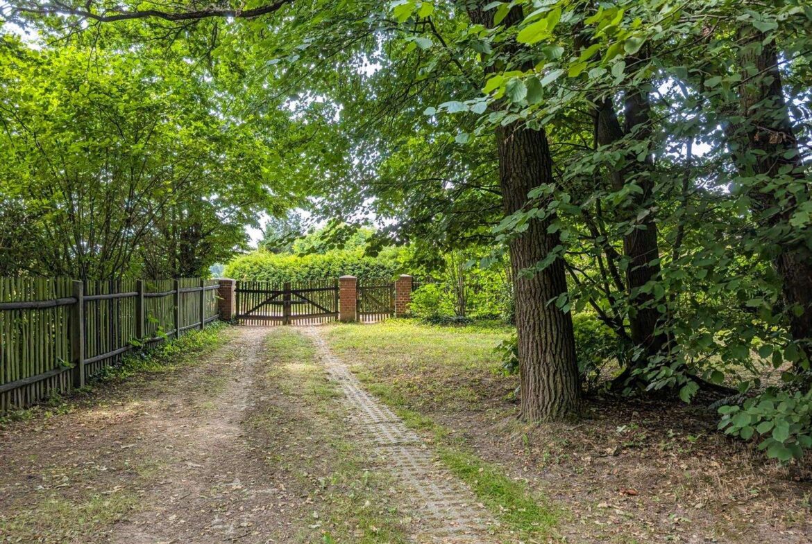 Dirt path with tire ruts leading to a wooden gate between brick posts, flanked by trees and a fence.