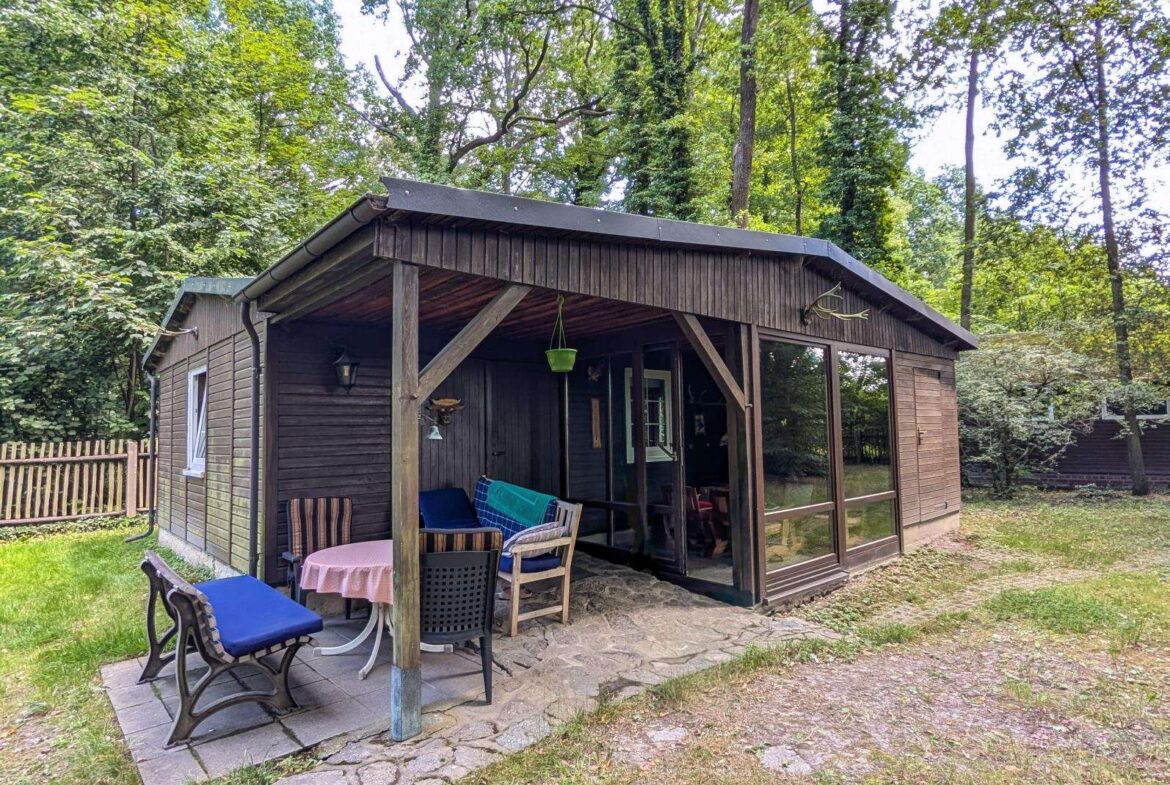 Wooden cabin with a covered porch in a green backyard; round table with pink tablecloth and several chairs outside.
