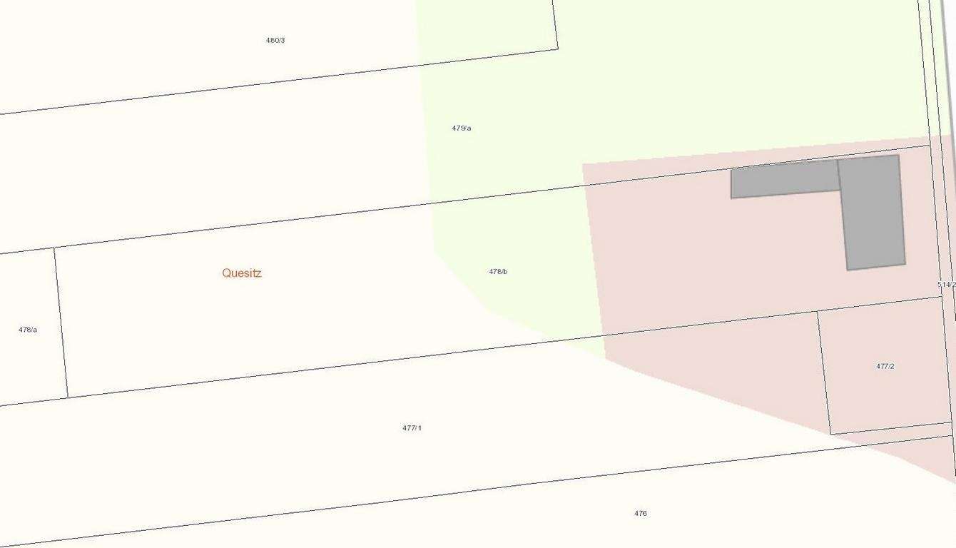 Cadastral map of parcels with boundary lines; pink zone near a building and a pale green area labeled with parcel numbers.