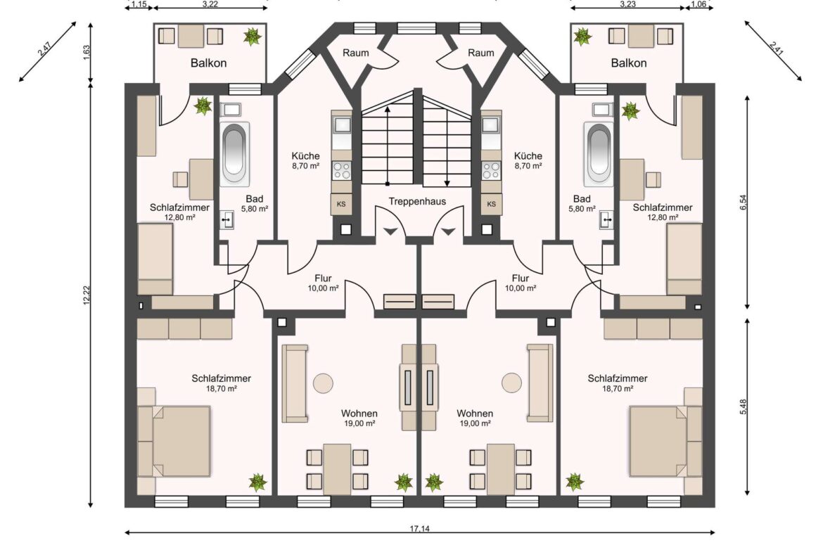 Two mirrored apartment floor plan with central staircase, showing Küche, Bad, Schlafzimmer, Flur, Wohnen and Balkon on each side (duplex).