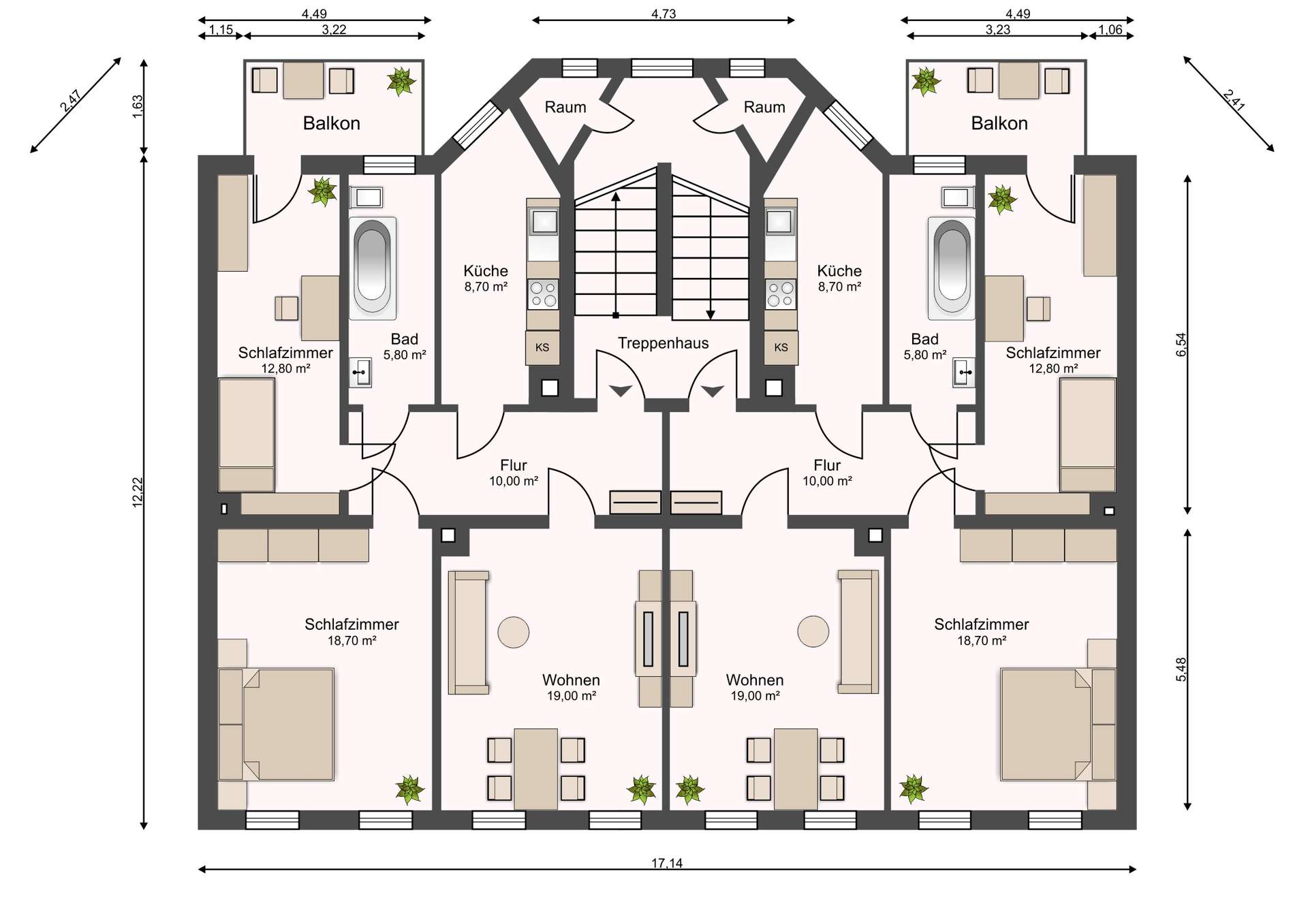 Two mirrored apartment floor plan with central staircase, showing Küche, Bad, Schlafzimmer, Flur, Wohnen and Balkon on each side (duplex).