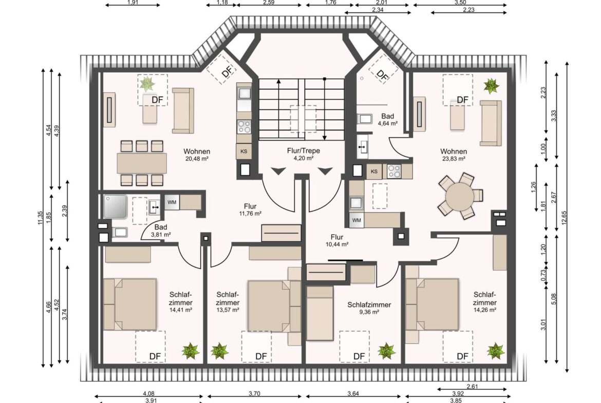 Floor plan of a multi-room apartment showing two mirrored units with central staircase and corridor, including living areas, bedrooms, kitchens, bathrooms and DF roof windows; labeled rooms and measurements around the perimeter.