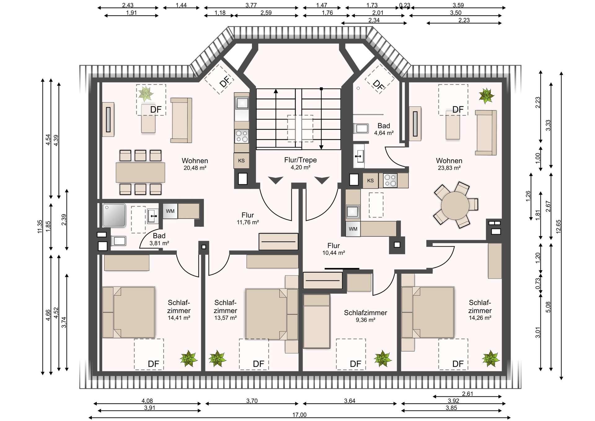 Floor plan of a multi-room apartment showing two mirrored units with central staircase and corridor, including living areas, bedrooms, kitchens, bathrooms and DF roof windows; labeled rooms and measurements around the perimeter.
