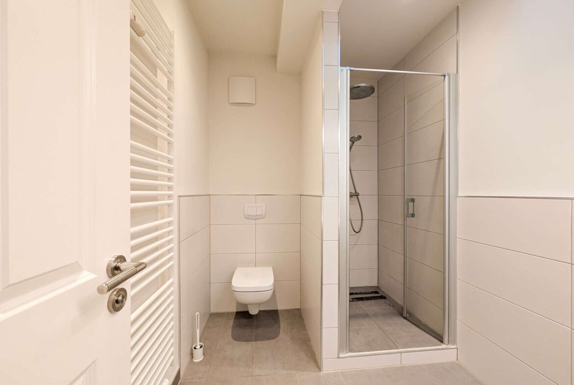 Small modern bathroom with a wall-mounted toilet, white tile walls, and a glass shower enclosure on the right; a vertical white towel radiator is on the left.