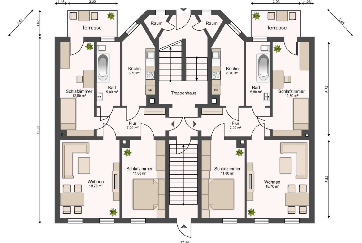 Duplex floor plan with a central staircase; two mirrored apartments each containing living room, kitchen, bedroom, bathroom, hallway, and terrace.