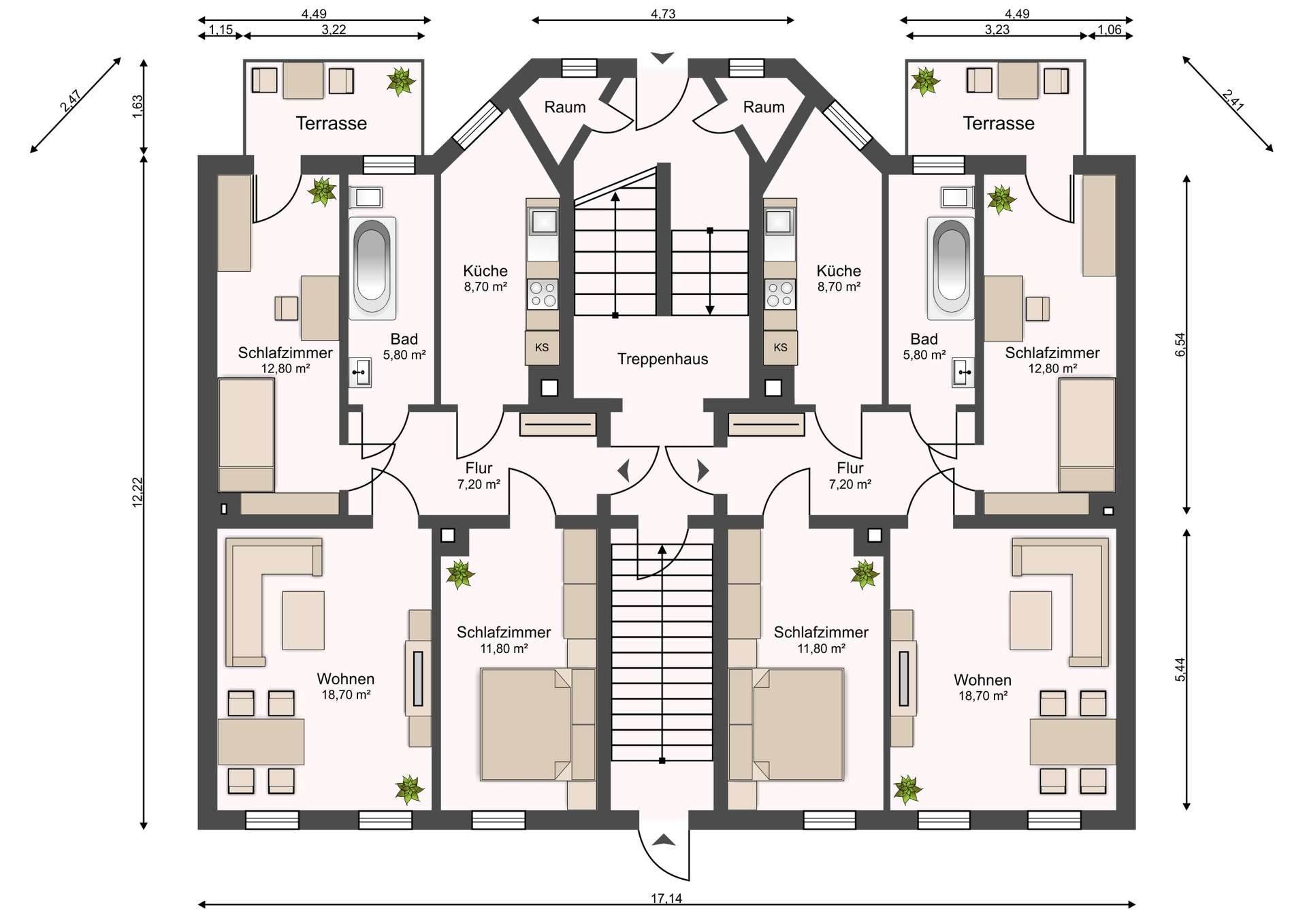 Duplex floor plan with a central staircase; two mirrored apartments each containing living room, kitchen, bedroom, bathroom, hallway, and terrace.