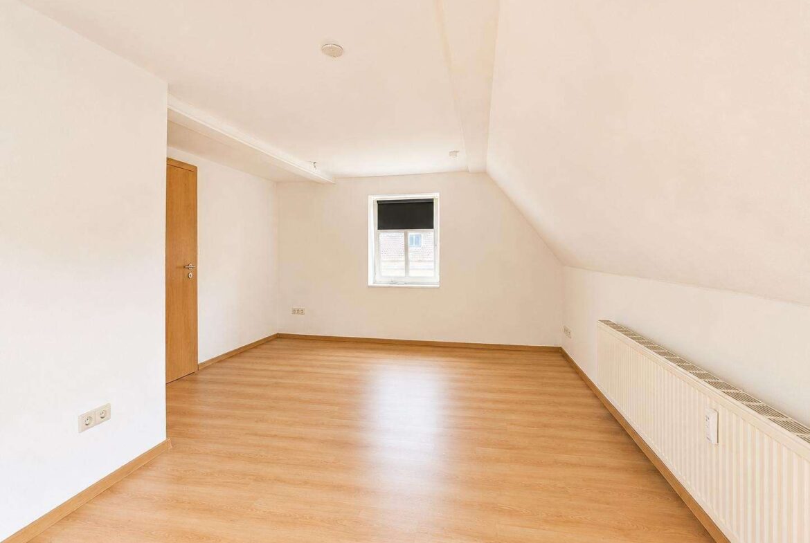Unfurnished attic room with a sloped ceiling, light wood floor, a small window, and a radiator along the right wall.