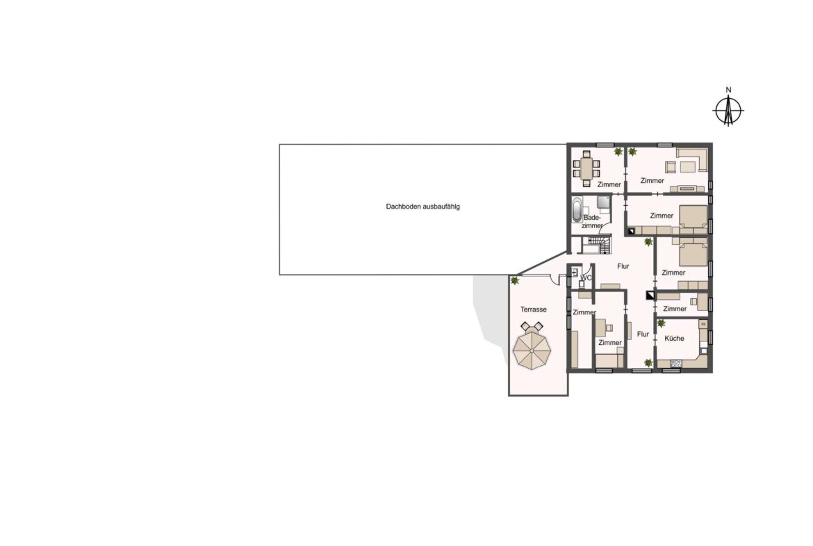 Floor plan of a multi-room apartment with labeled rooms (Küche, Zimmer, Flur, Terrasse) and a large Dachboden area to the left; north arrow shown top-right.