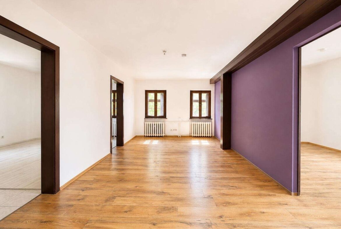 Bright empty living area with wooden floor, white walls, purple accent wall, and two small windows with radiators beneath.