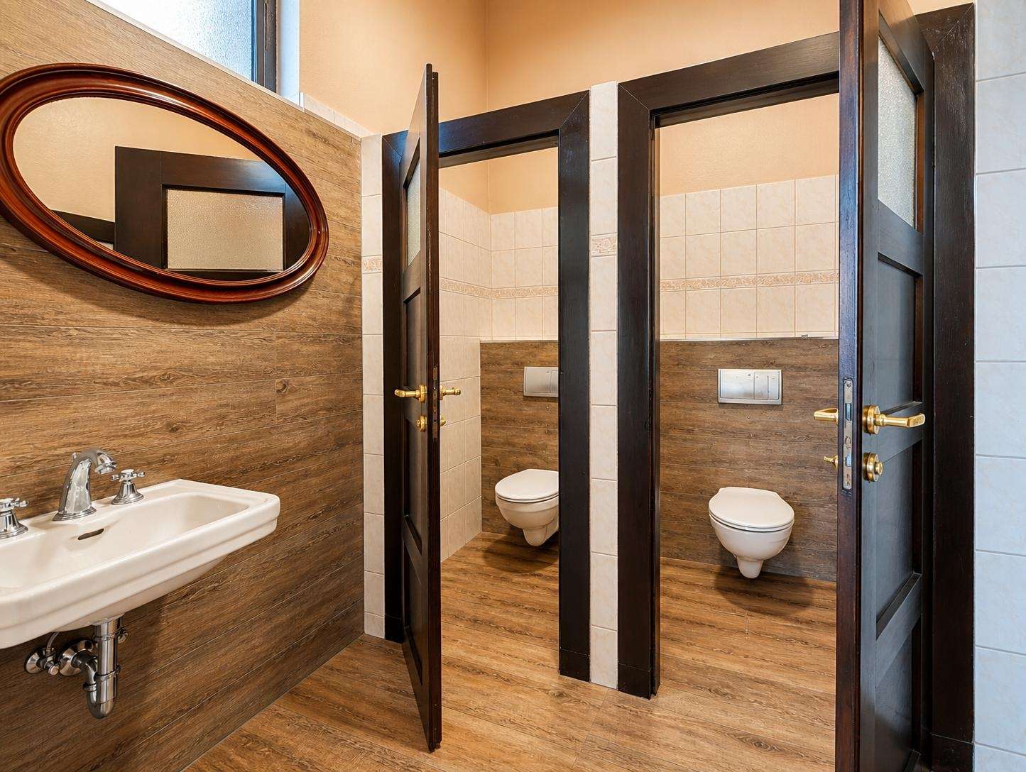 Public restroom with dark wood doors, two stalls, and a sink on a wood-paneled wall. Oval mirror above.