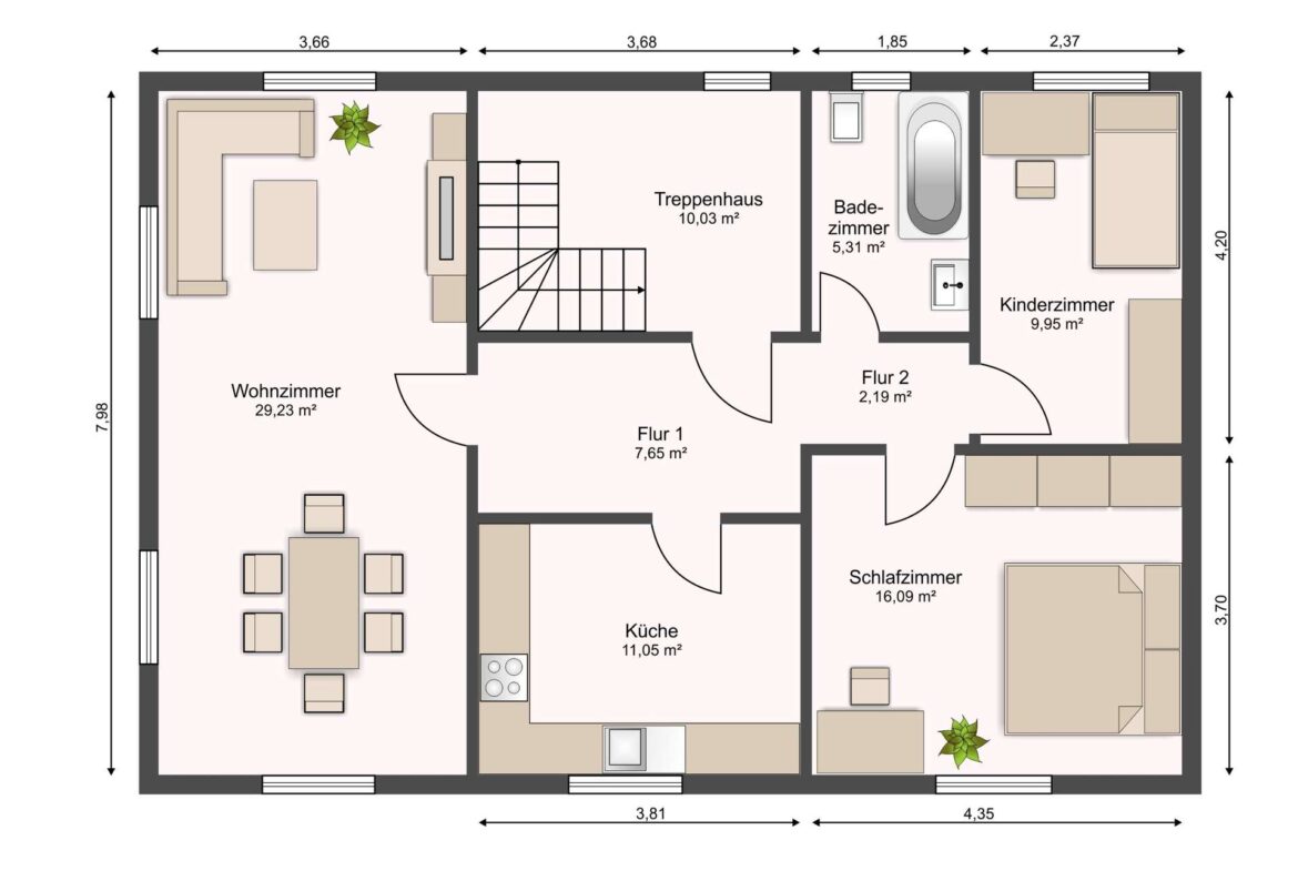 Grundriss eines Hauses mit Wohnzimmer, Küche, Schlafzimmer, Kinderzimmer, Bad und Treppenhaus.