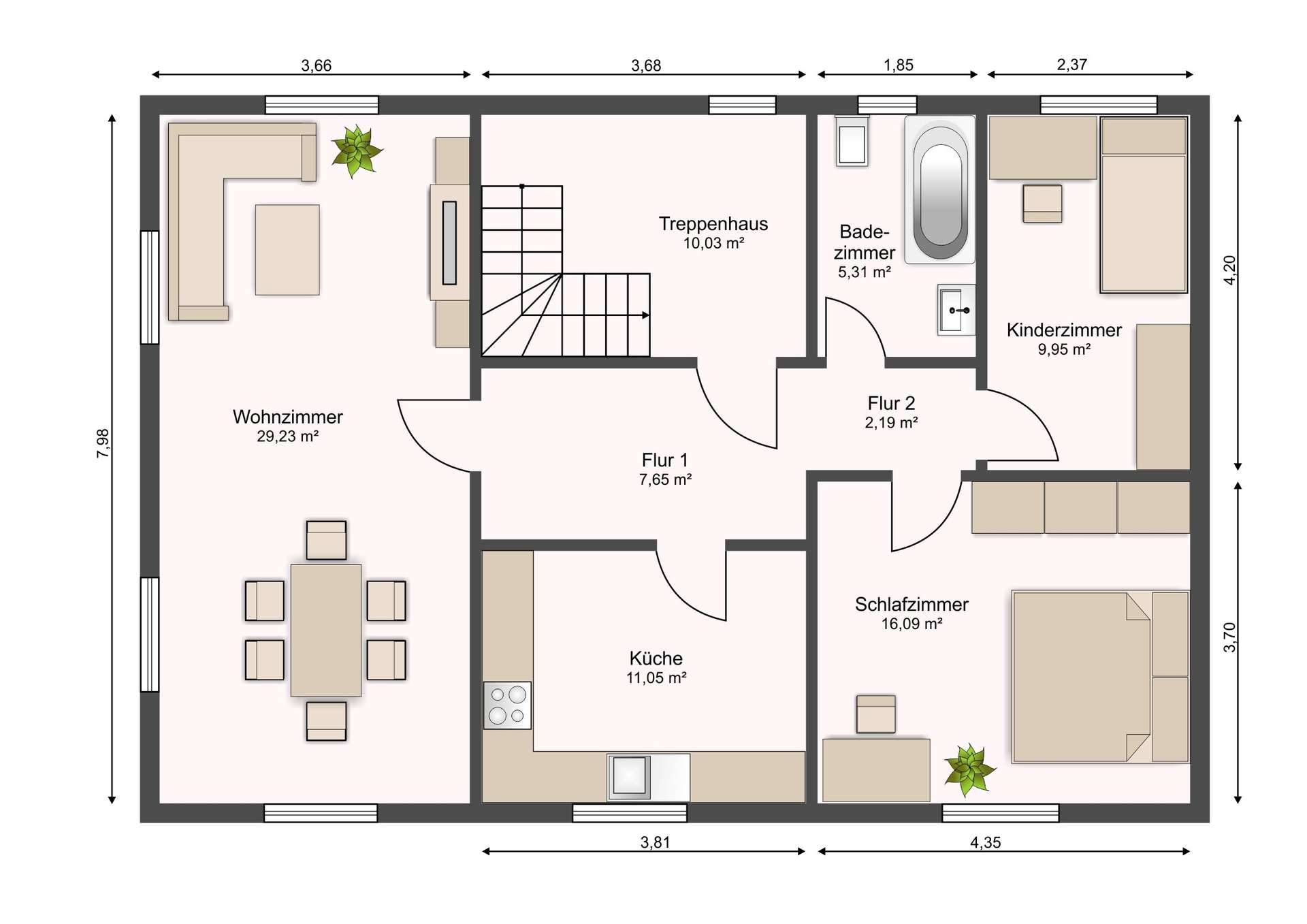 Grundriss eines Hauses mit Wohnzimmer, Küche, Schlafzimmer, Kinderzimmer, Bad und Treppenhaus.