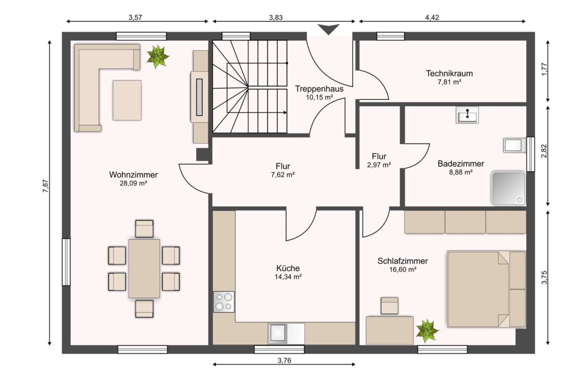 Grundriss einer Etagenwohnung: Wohnzimmer links, Küche unten, Schlafzimmer rechts, Badezimmer rechts unten, Technikraum oben rechts, Treppenhaus in der Mitte.