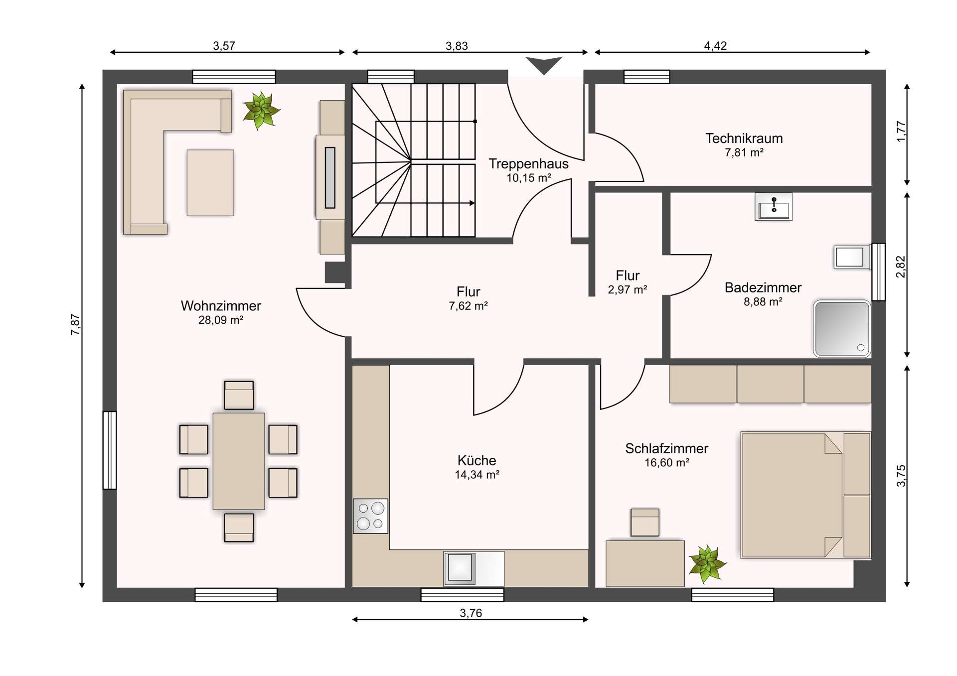 Grundriss einer Etagenwohnung: Wohnzimmer links, Küche unten, Schlafzimmer rechts, Badezimmer rechts unten, Technikraum oben rechts, Treppenhaus in der Mitte.