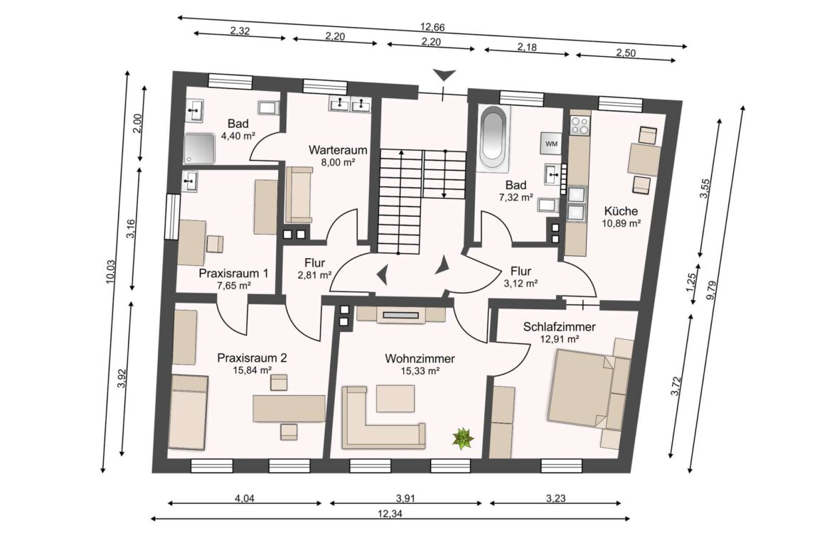 German floor plan of a clinic/apartment showing labeled rooms (Praxisraum 1, Praxisraum 2, Wartebereich, Flur, Bad, Küche, Schlafzimmer, Wohnzimmer) and furniture layout along with dimension lines on outer edges.