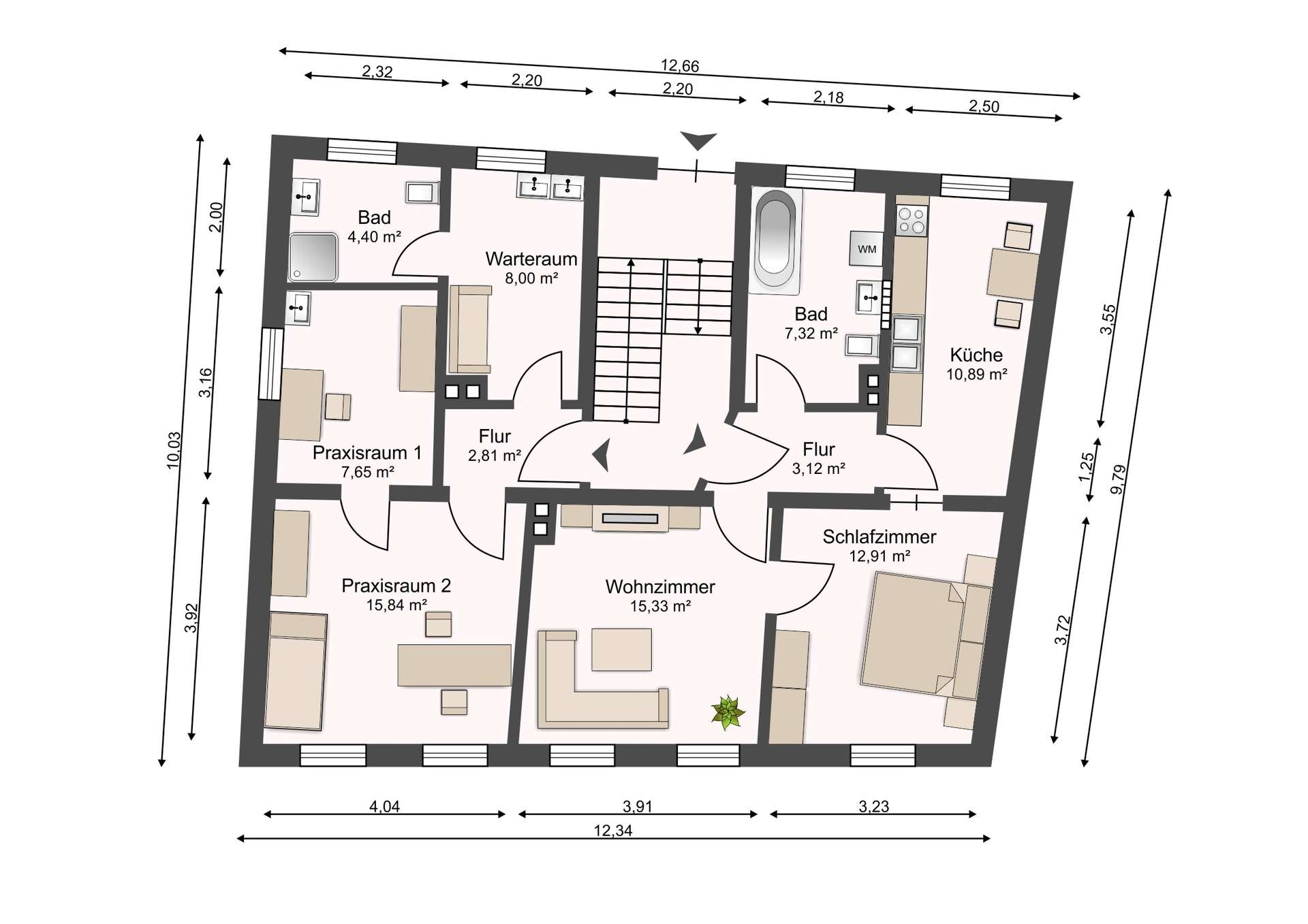 German floor plan of a clinic/apartment showing labeled rooms (Praxisraum 1, Praxisraum 2, Wartebereich, Flur, Bad, Küche, Schlafzimmer, Wohnzimmer) and furniture layout along with dimension lines on outer edges.