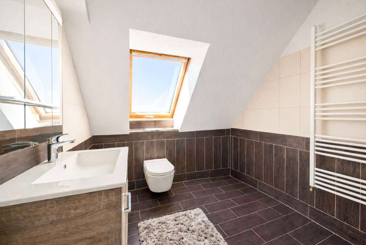 Bathroom with a wall-hung toilet, a white sink, and a skylight window letting in natural light; dark brown floor and wall tiling with a fluffy rug on the floor.