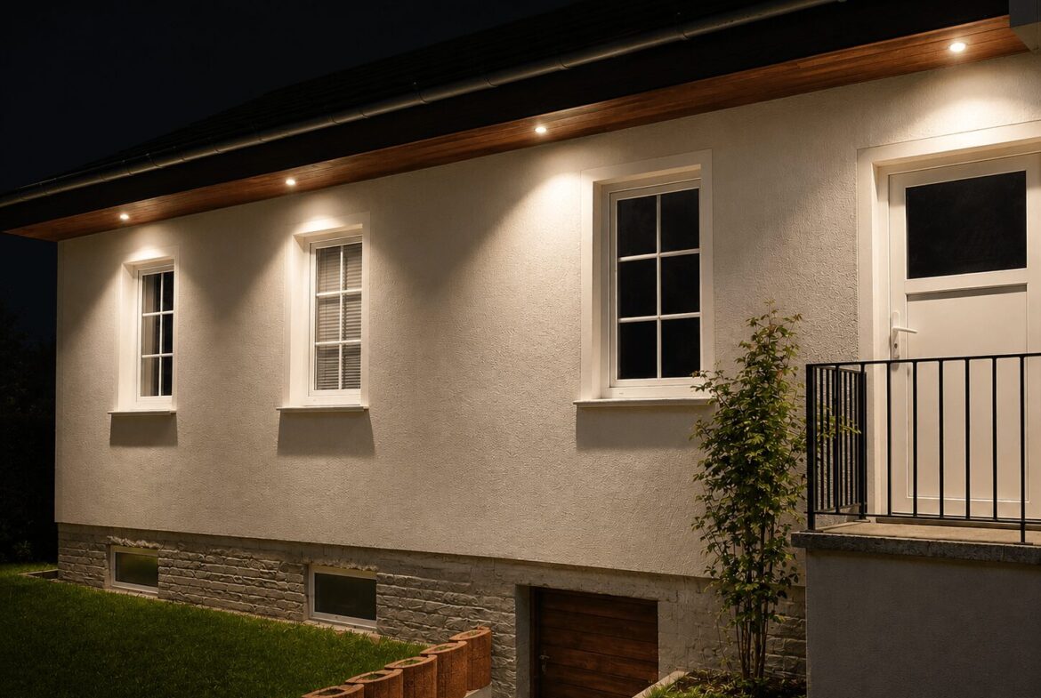 Night view of a white house exterior with three lit windows, a white door, and a small balcony railing.