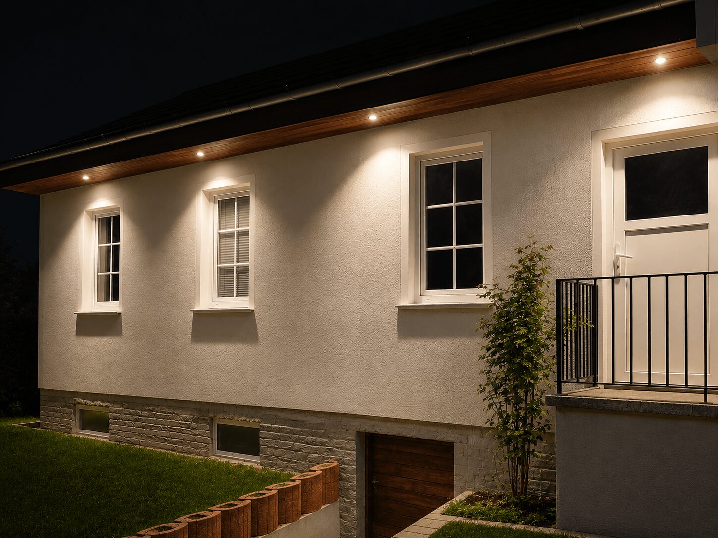 Night view of a white house exterior with three lit windows, a white door, and a small balcony railing.