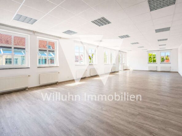 Bright, empty office space with large windows along one wall, white walls, and light wood flooring.