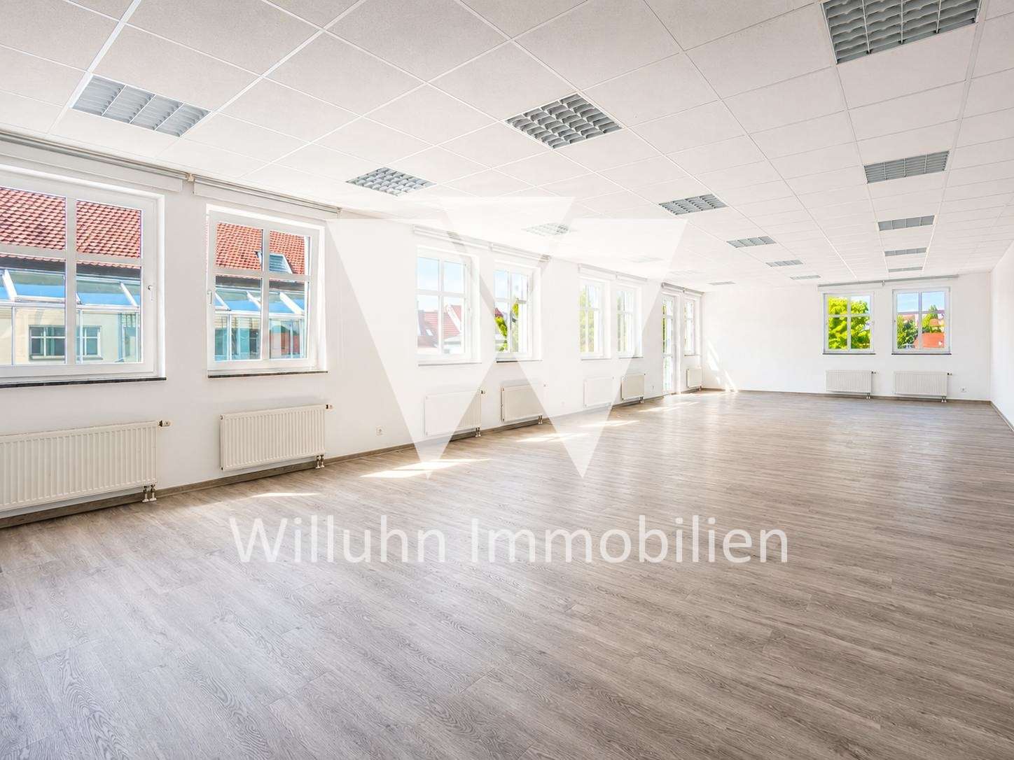 Bright, empty office space with large windows along one wall, white walls, and light wood flooring.