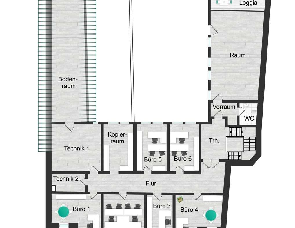 Floor plan of an office floor showing rooms: Büro 1–6, Technik 1–2, Kopierraum, Flur, Vorraum, WC, Raum, Loggia, and staircase area.