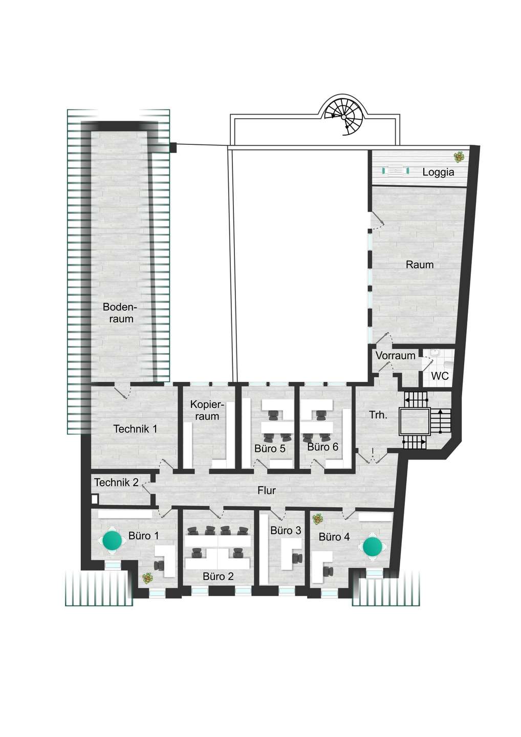 Floor plan of an office floor showing rooms: Büro 1–6, Technik 1–2, Kopierraum, Flur, Vorraum, WC, Raum, Loggia, and staircase area.