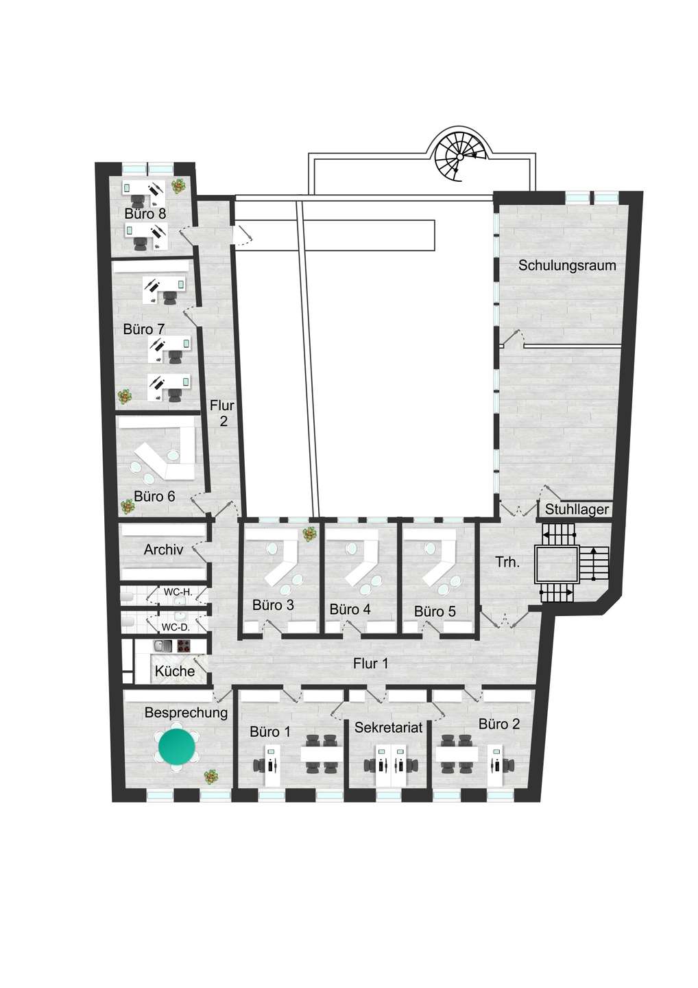 Detailed office floor plan with labeled rooms: Büro 1–8, Flur 1–2, Archiv, Küche, Besprechung, Sekretariat, Büro 2–5, Schulungsraum, Stuhllager, Trh (Treppenhaus), WC-H, WC-D.