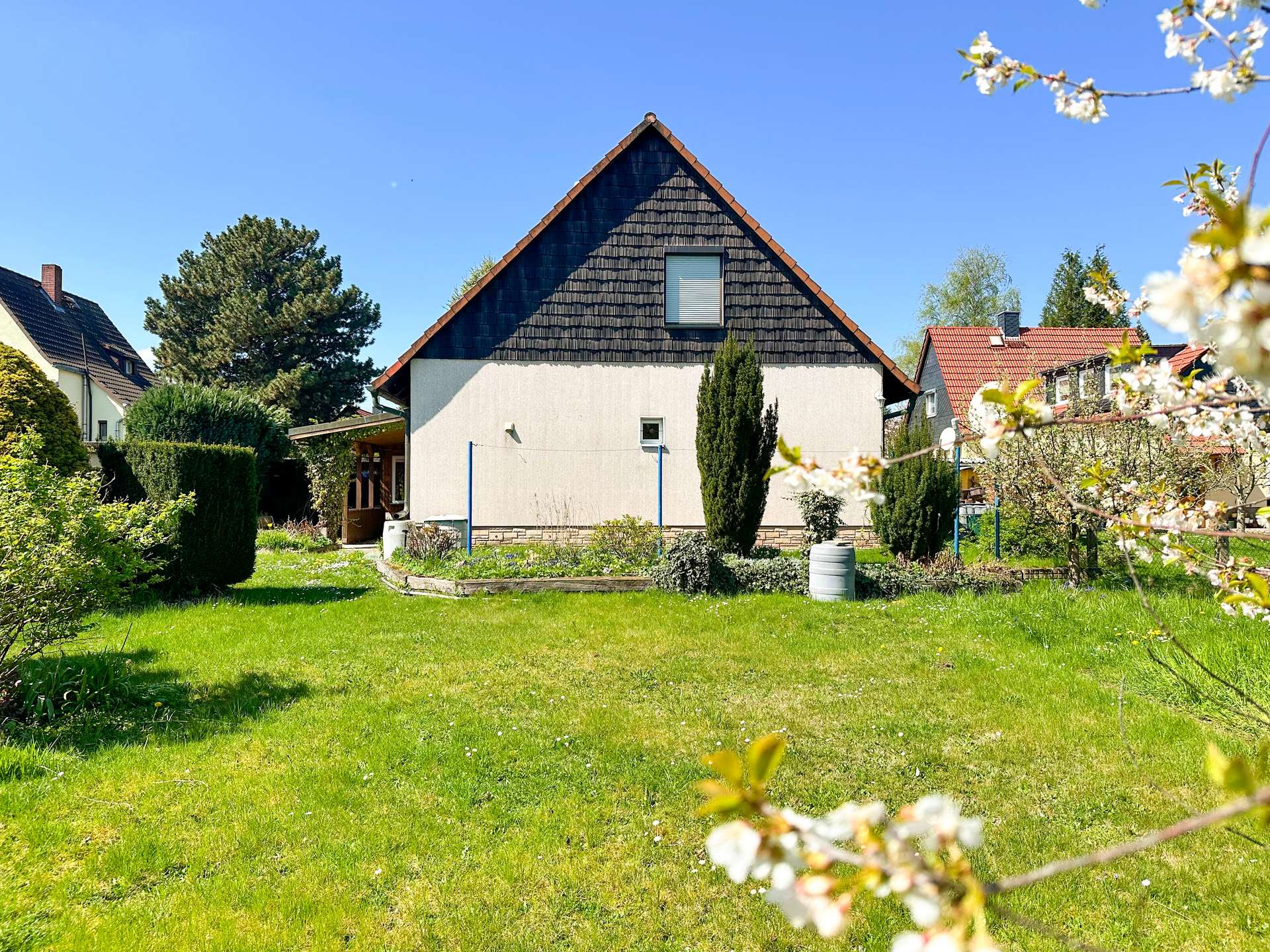 Front yard of a house with a steep triangular roof, white walls, and blooming branches in the foreground on a sunny day.