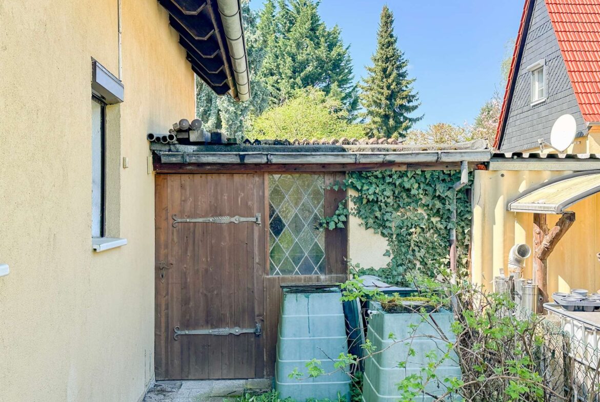 Narrow side yard between houses with rain barrels, ivy, and a wooden gate against a blue sky.