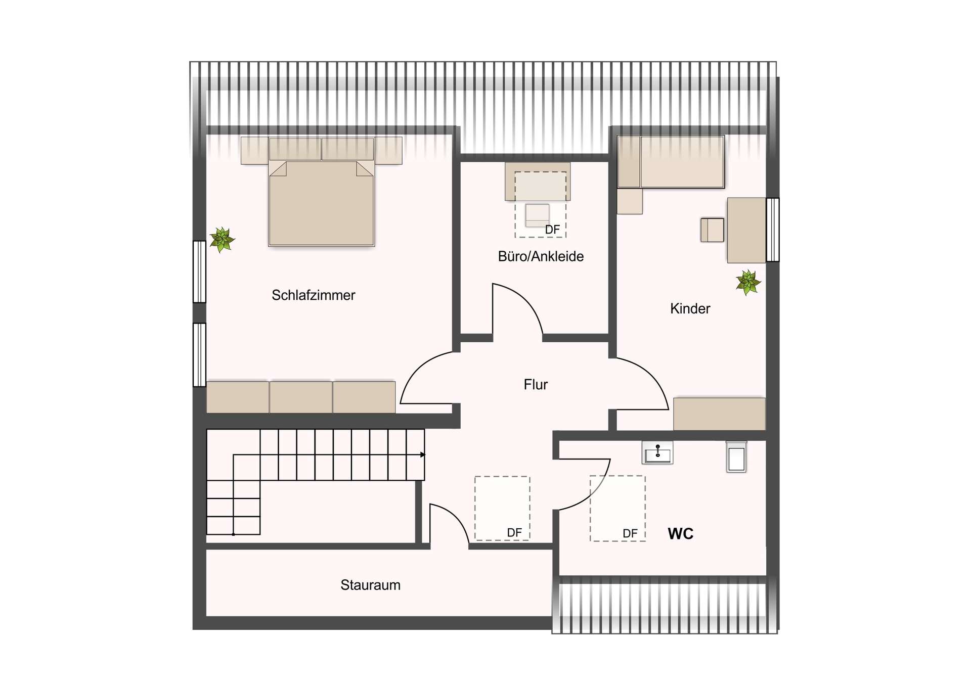 Floor plan of a home showing a left bedroom, middle office/dressing area, right children's room, central hallway, storage room, and a separate WC at the bottom right.