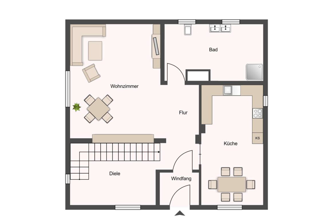 Floor plan of an apartment showing living room (Wohnzimmer), kitchen (Küche), bathroom (Bad), hallway (Flur) and entryway (Windfang) from a top-down view.