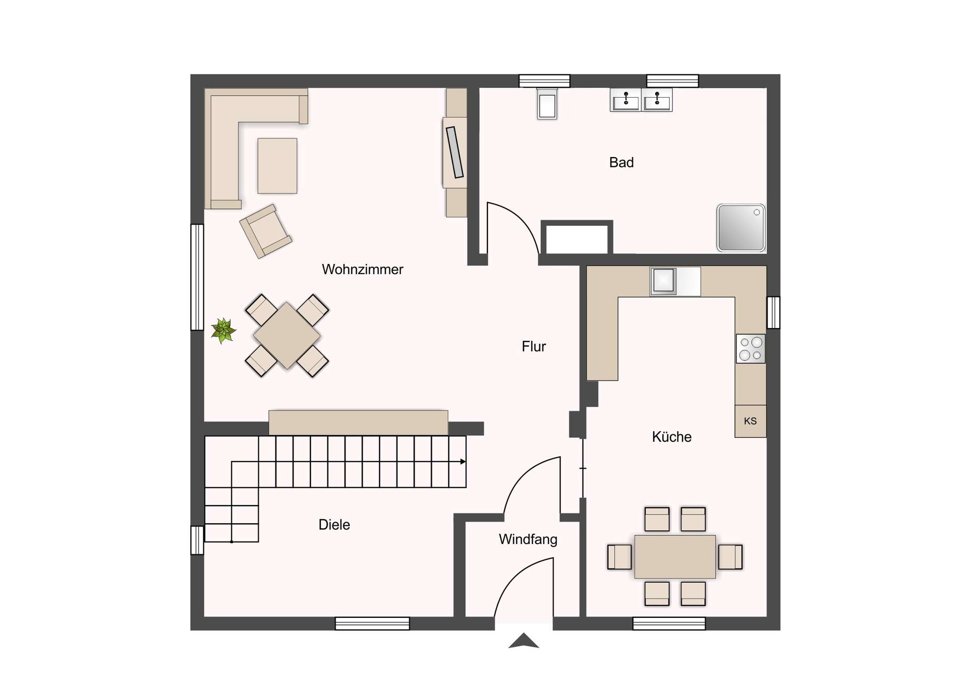 Floor plan of an apartment showing living room (Wohnzimmer), kitchen (Küche), bathroom (Bad), hallway (Flur) and entryway (Windfang) from a top-down view.