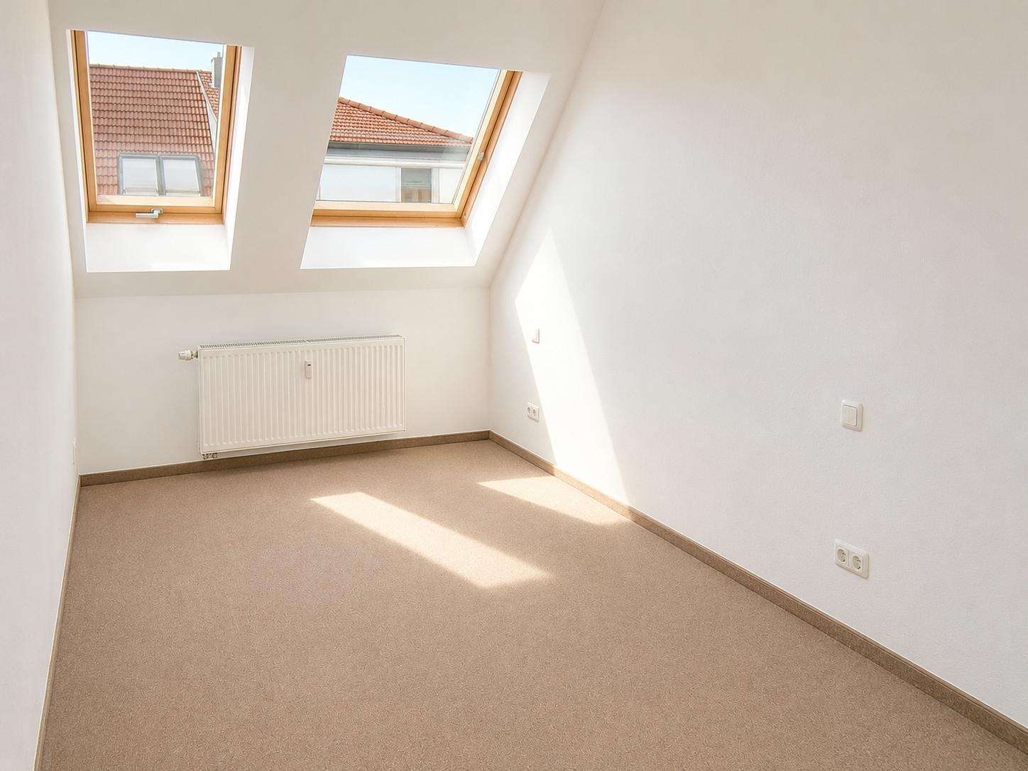Bright empty attic room with two skylights, radiator along the wall, and beige carpeted floor under natural light.