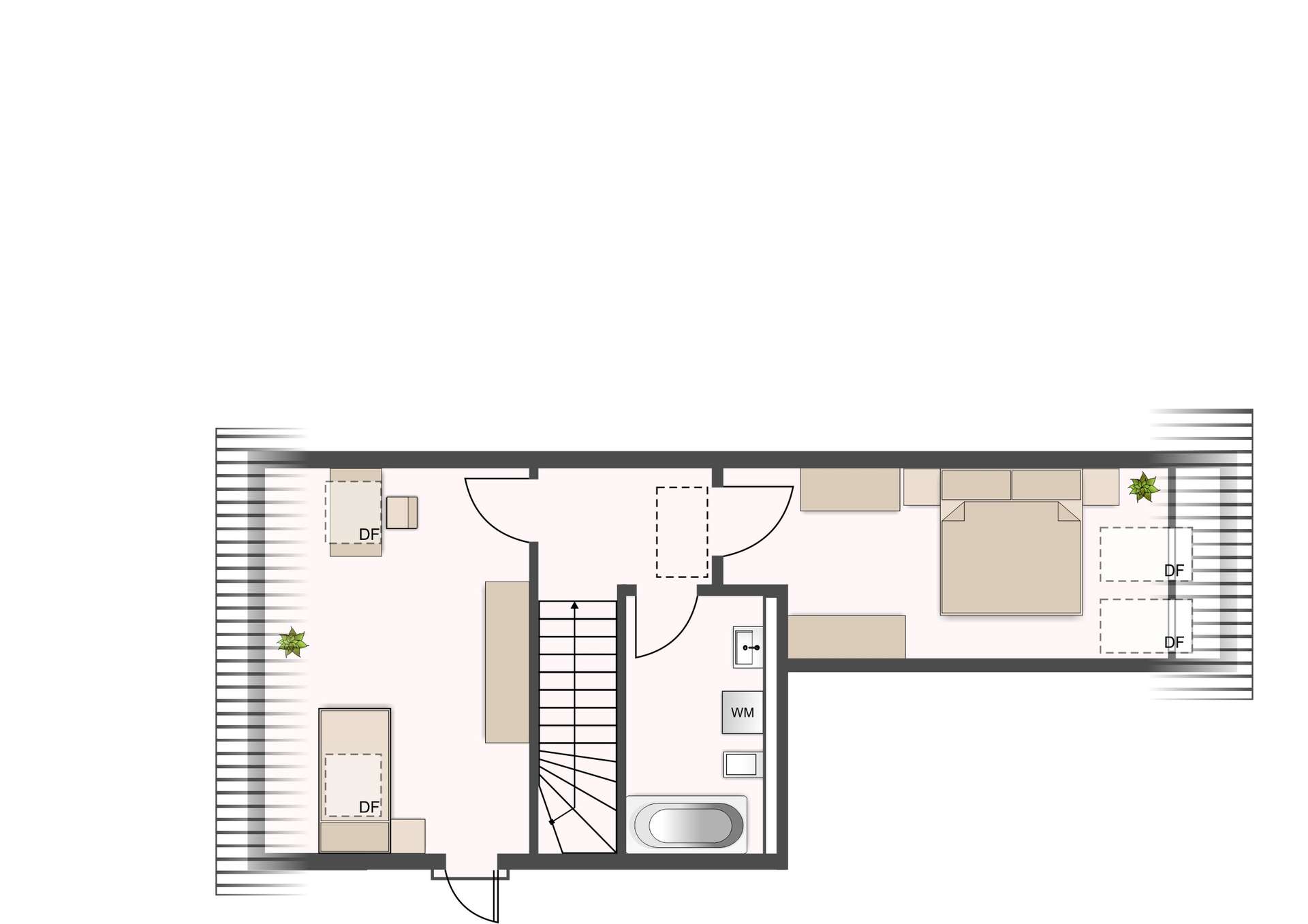 Floor plan of an upper-level home: entry at bottom, central staircase, bathroom with a tub, and bedrooms with beds and wardrobes plus a wraparound balcony.